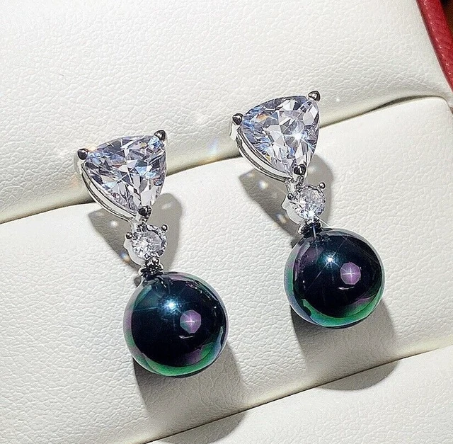 Drop Earring 1.6Ct Simulated Diamond multicolor Pearl Earrings 925 Silver Plated
