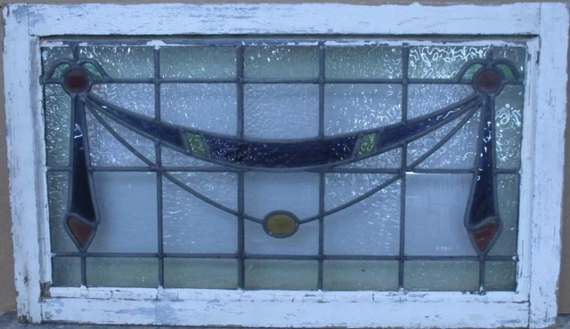 MIDSIZE OLD ENGLISH LEADED STAINED GLASS WINDOW Abstract Swoop 27.75" x 16.25"