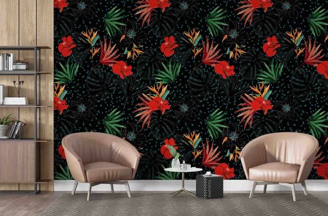 3D TROPICAL PALM Leaf Hibiscus Wallpaper Wall Mural Peel and Stick ...