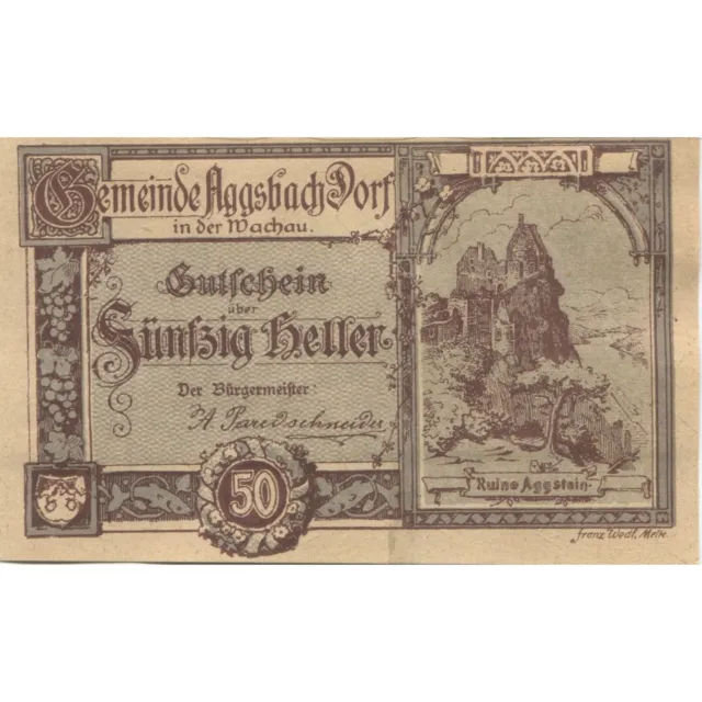 [#285084] Banknote, Austria, Aggsbach, 50 Heller, ruine 1920-12-31, UNC Mehl