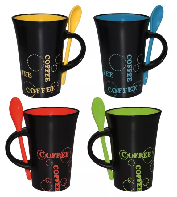 4er-Set Keramik Kaffeebecher & Löffel Kaffeetassen schwarz bunt XL Tasse Becher