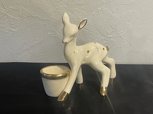 Ancien Vintage Bambi Faon En Porcelaine Statuette Annees 50 Dore Et Blanc Casse