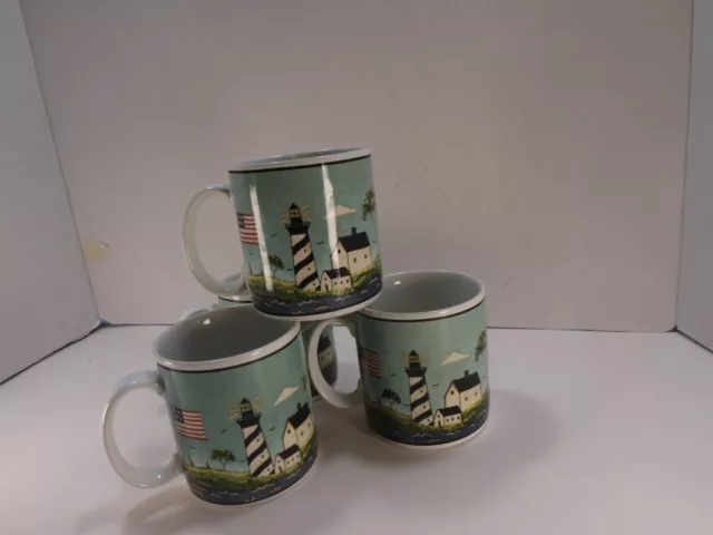 COASTAL BREEZE Set/4 Stoneware Mugs WARREN KIMBLE New in Box Folk Art Lighthouse COASTAL BREEZE Set/4 Stoneware Mugs WARREN KIMBLE New in Box Folk Art Lighthouse