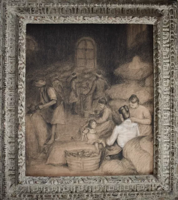 Antique Drawing, Charcoal Pastel Workers Scene Circa 1910, Édouard Pannetier