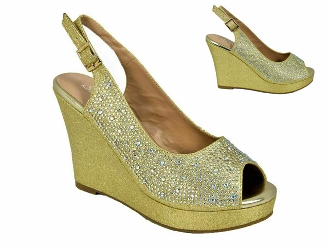 Womens Gold Glitter Diamante High Wedge Heel Platform Strappy Peep Toe Sandals