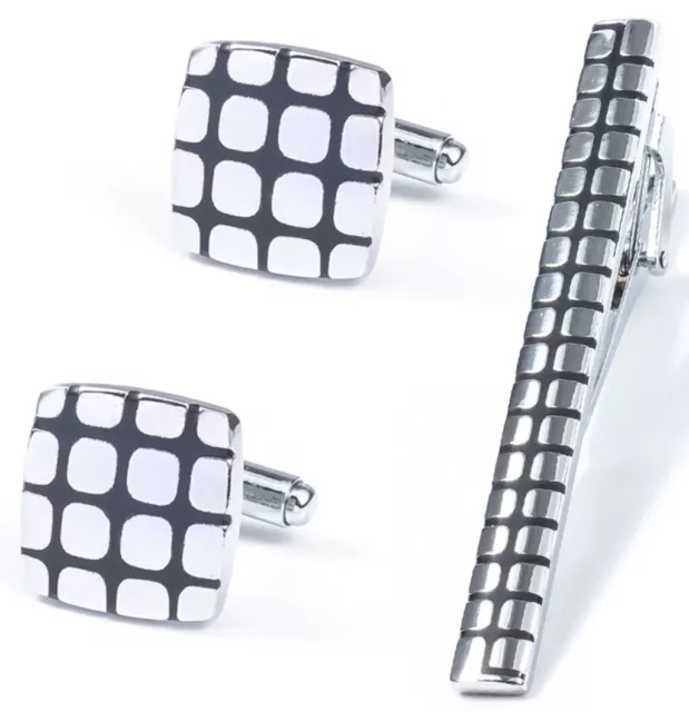 Manches Liens Cravate Clip Pin Argent Chemise Noire Mariage Faveurs Sac Cadeau Neuf Uk Ct15