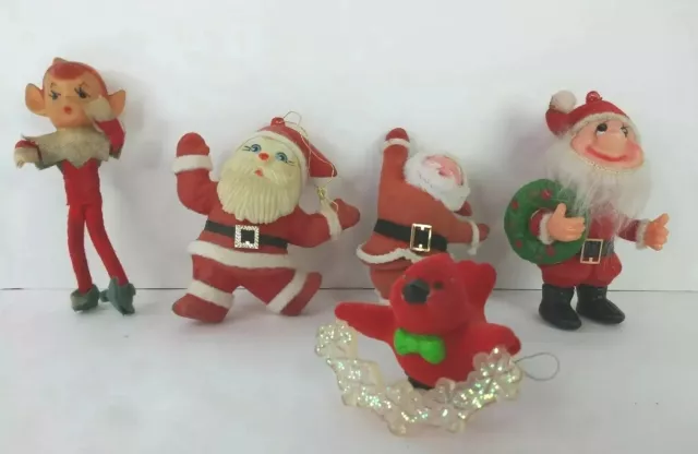 Vintage Felt Flocked Santa Christmas Tree Ornament Lot of 5 Pixie Elf Dwarf Bird