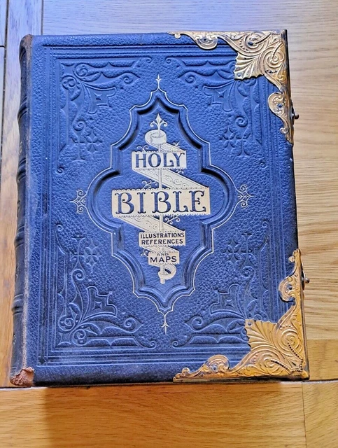 ANTIQUE BIBLE LARGE National Family Holy Christian Bible With Brass ...