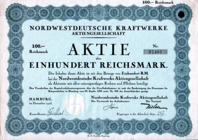 Nordwestdeutsche Kraftwerke Aktiengesellschaft 1925 100 RM