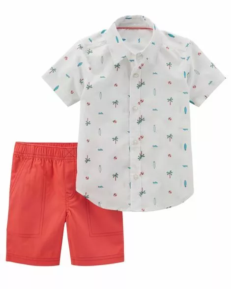 NEW Carter's 2T Toddler Boy Tropical 2pc Collared Dress Shirt Shorts Outfit