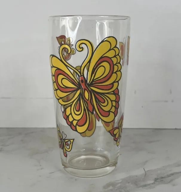 Vintage Butterfly Monarch Glass Tumbler Yellow Red Retro Cup