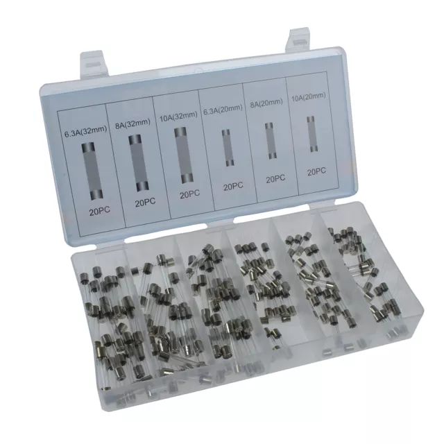 120pc Glass Electrical Fuses Assortment Set Kit Box 6.3amp - 10amp 20mm & 32mm