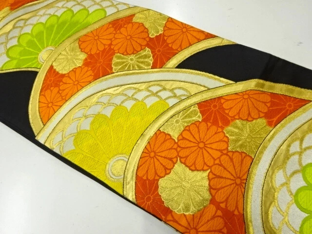 6639297: Japanese Kimono / Antique Fukuro Obi / Woven Wave With Kiku