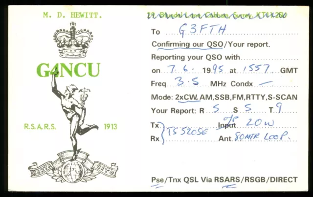 1 x QSL Card Radio UK RSARS 1913 G4NCU 1995 Yarnscombe Devon ≠ T775