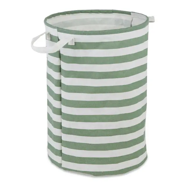 Cotton Polyester Laundry Hamper Stripe Artichoke Green Round 13.5x13.5x20