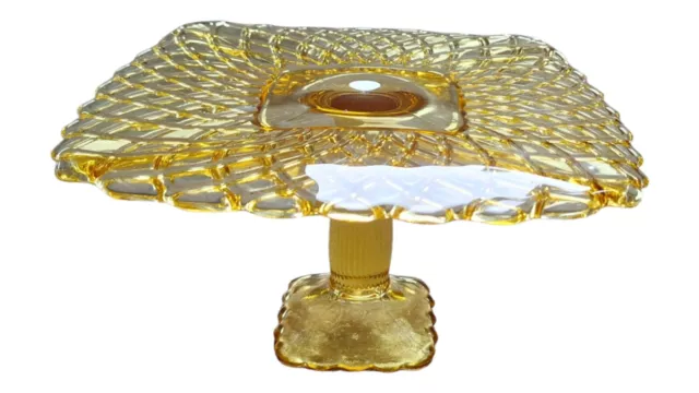 LE Smith Rare Yellow Depression Glass Pedestal Cake Stand Trellis