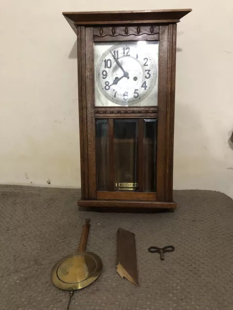 Antique 1930'S Wooden Oak Case Pendulum Wall Clock & Key