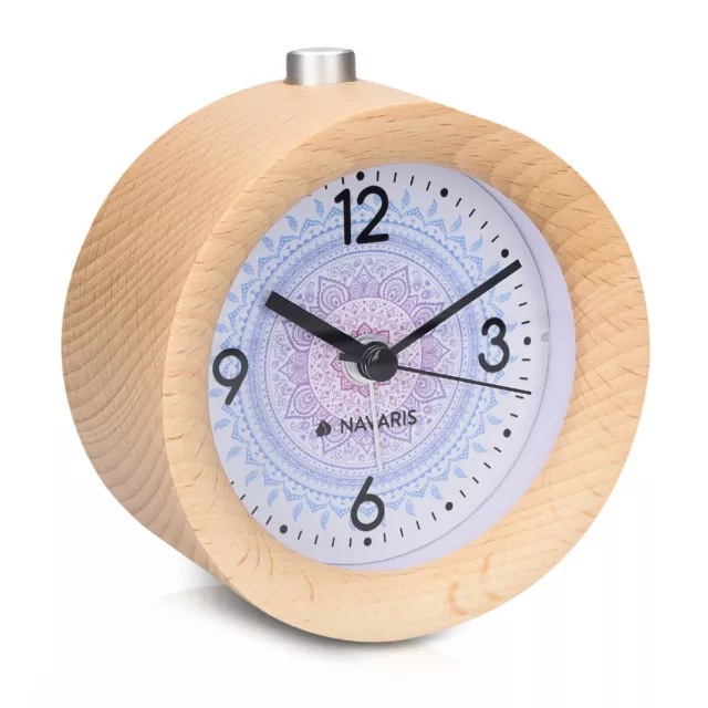 Reloj despertador analógico circular de madera natural en marrón claro