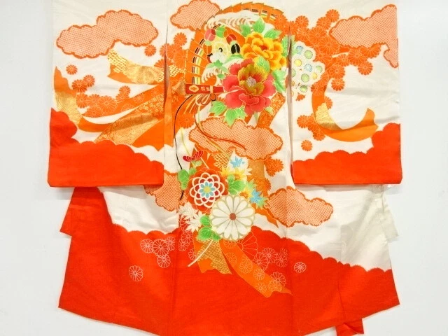 41005# Japanese Kimono / Antique Kimono For Girls / Embroidery / Flower & Fo