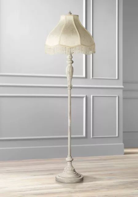 Shabby Chic Floor Lamp Antique White Cream Fabric Shade Fringe For Living Room