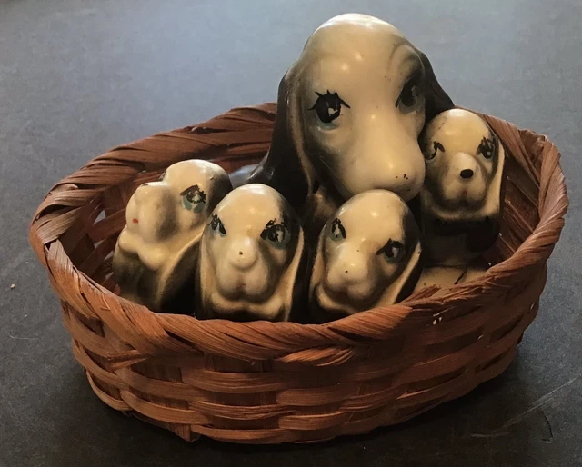 Vintage Hound Dog 4 Puppies On Chain In Basket Figurines Japan Norcrest?
