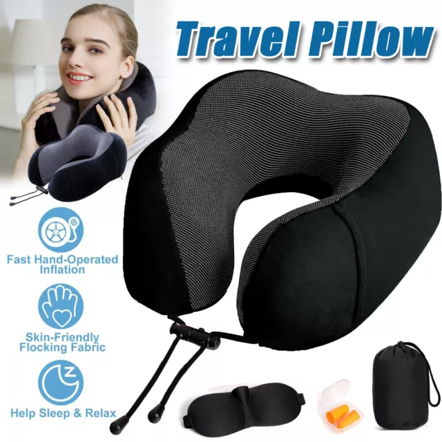 Memory Foam Travel Pillow Neck Support Cushion with Carry Bag Ear Plugs Mask