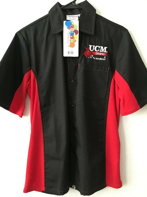 UCM DINING Sodexo Men Black Red Button Front Employee Shirt XS Chef Work NEW TAG