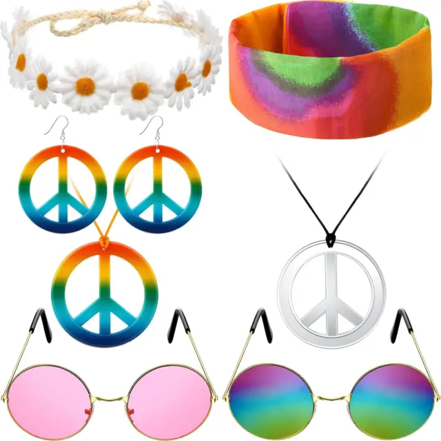 Hippie Kostüm Set, 8 Stück Retro Verkleiden Sich für Damen und Herren,mit Peace 2