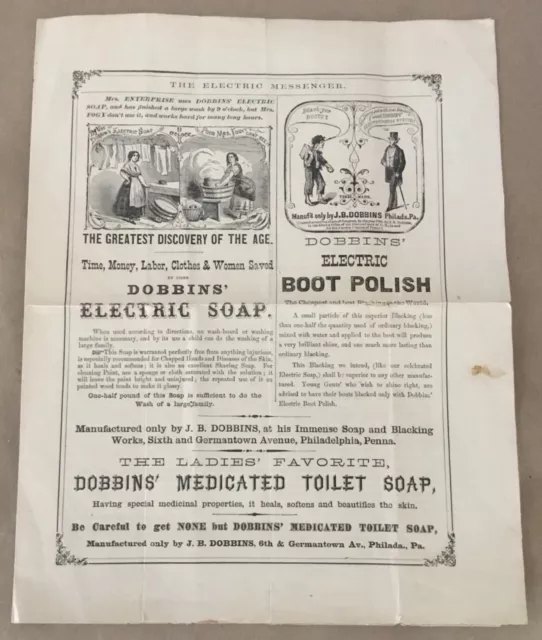 Dobbins’ Electric Soap print ad 1869 vintage 1800s home decor boot polish illus.