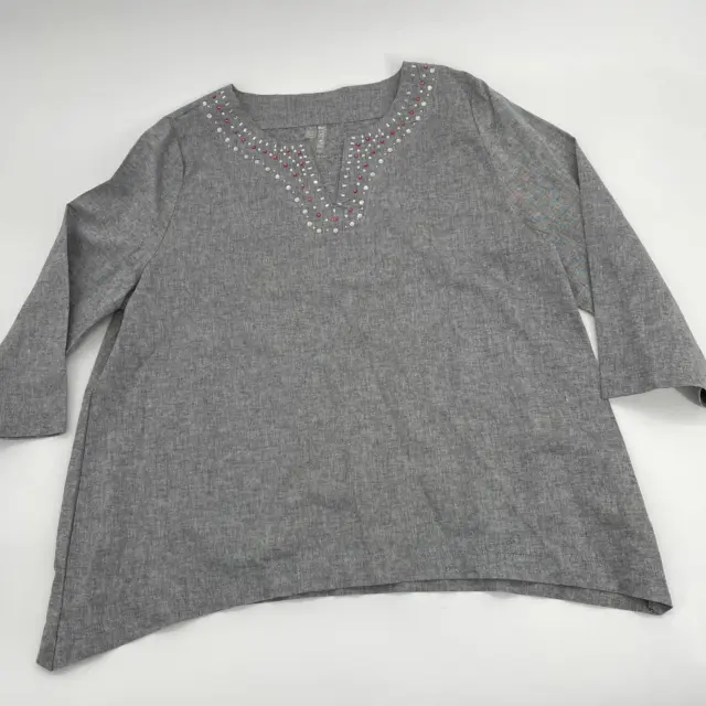 SILVERWEAR Women's Sz L Cotton Linen Blend Pullover Jeweled Blouse Top Shirt