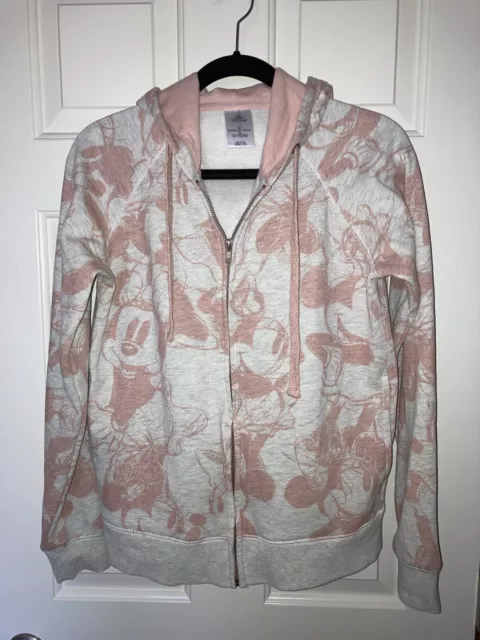 Disney Womens M Pink Grey Minnie Mouse Full Zip Hoodie Ears Pockets