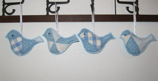 4 Vtg quilt bluebird ornaments 3x5" apx birds Handmade NEW