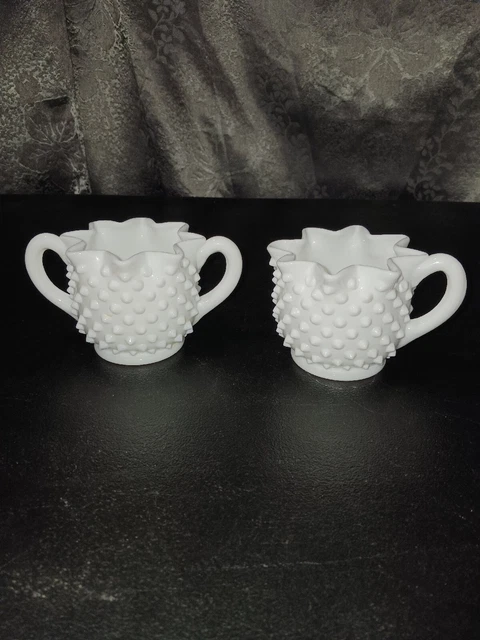 Fenton Star Shaped Milk Glass 3" Cream and Sugar Bowl Set Hobnail vintage