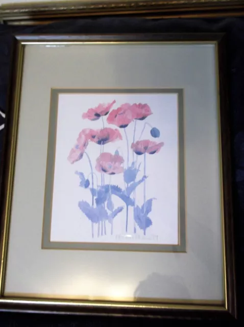 Vintage Sweet Little Framed Glazed Print Signed Silverthorne 1989 Pastel Poppies
