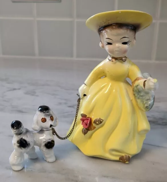 Vintage Ceramic Sweet Shopping Girl With Poodle Japan Yellow Dress 5 1/4" tall