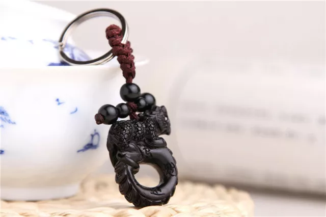 3D Ebony Wood Carving Chinese Geomancy Pixiu Statue Sculpture Pendant Key Chain