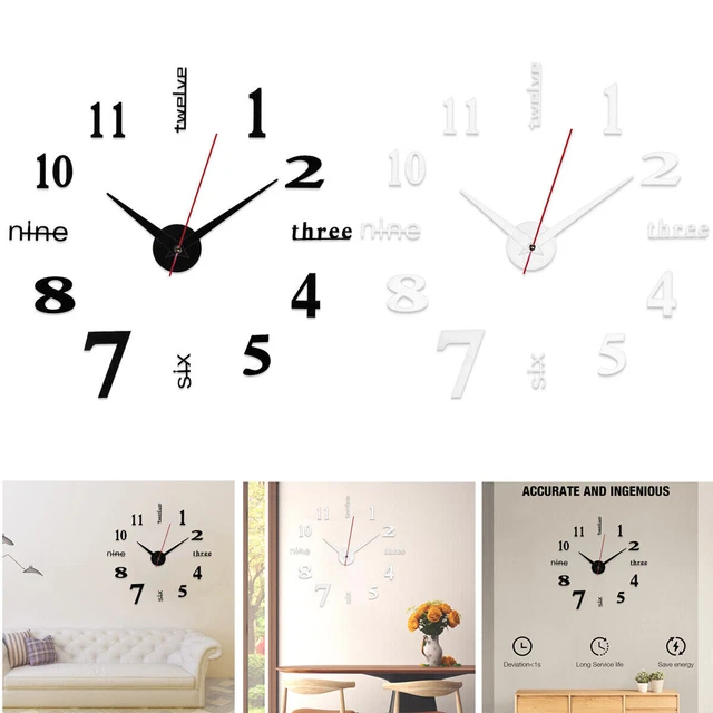 3D LARGE WALL Clock Modern DIY Mirror Surface Sticker Home Art Design