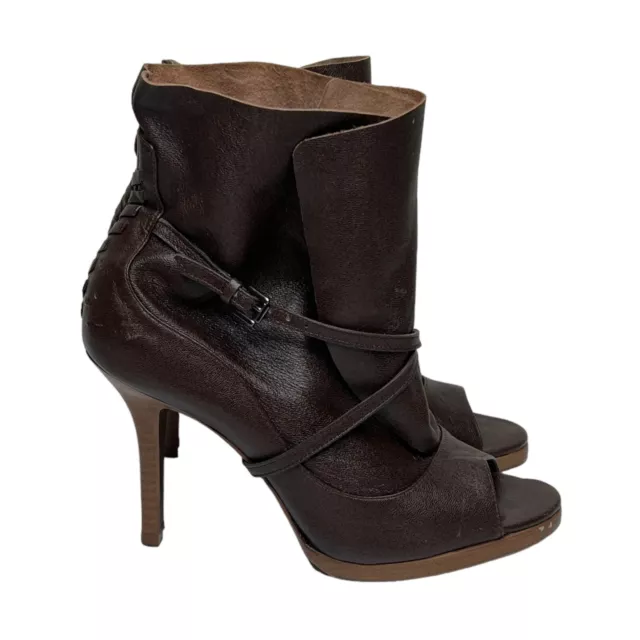 Max Azria Lara Leather Wrap Bootie Peep Toe Stiletto Heels BCBG Brown 36, US 6