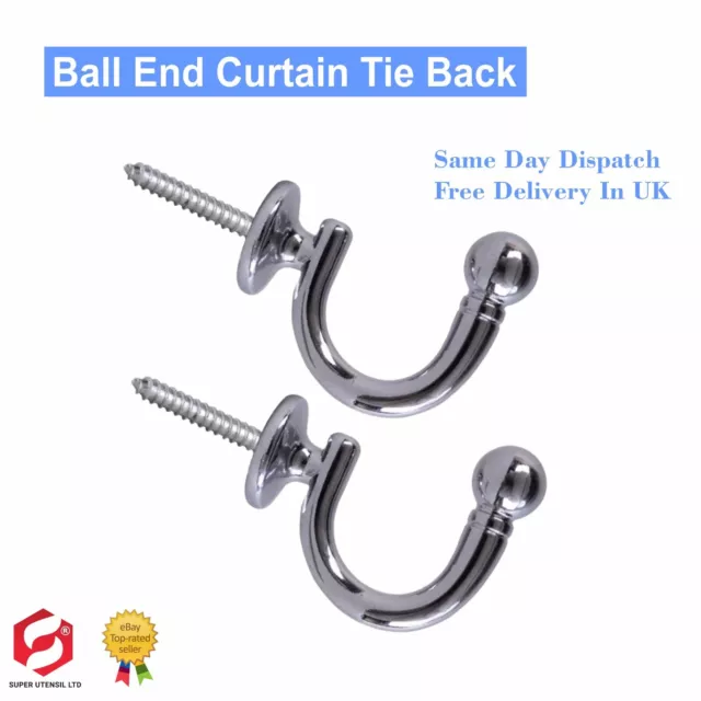 2x CURTAIN TIE BACKS Polished  Chrome Finish Ball End Drape Hold Back Wall Hooks