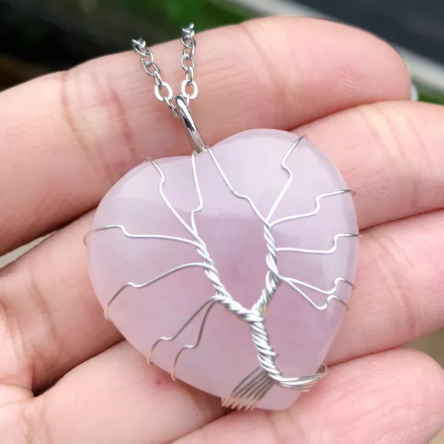 Rose Quartz Gem stone Tree of life Necklace Heart  Chakra Reiki Healing Amulet