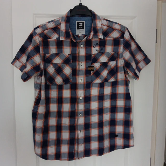 Camicia G-Star Raw con bottoni a scacchi manica corta da uomo XL blu arancione colletto