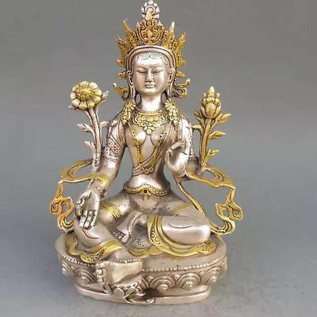 8.6" Old Tibet Silver Gilt Tibetan Buddhism Statue Green Tara Buddha Statue