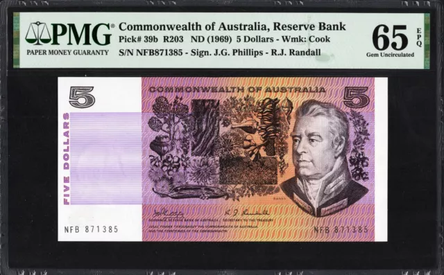 Australia 5 Dollars P39b R203 1969 Phillips Randall PMG65 Gem UNC EPQ Banknote