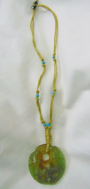 Vintage Hand-Carved Jade Bat Design Pendant On Rope And Mini-Turquoise Beads 2"