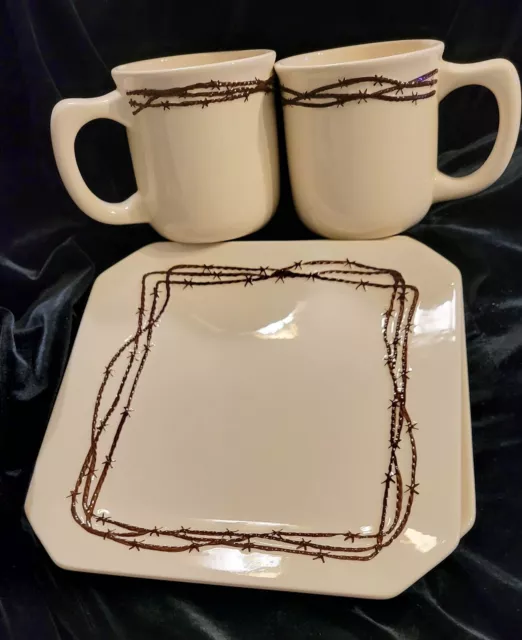 HiEnd Accents Western Barbed Wire Set 2 Lunch Dessert Plates + 2 Mugs Oven Safe