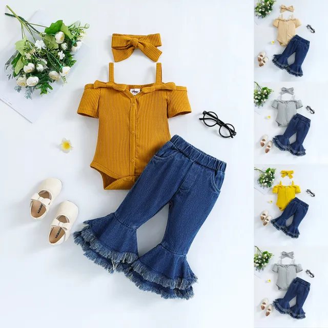 Baby Girls Ribbed Strappy Tops+Denim Jeans+Headband Sets 2PCS Summer Outfits Set