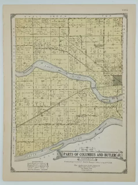 1922 Parts of Columbus & Butler Township Plat Map Platte County Nebraska