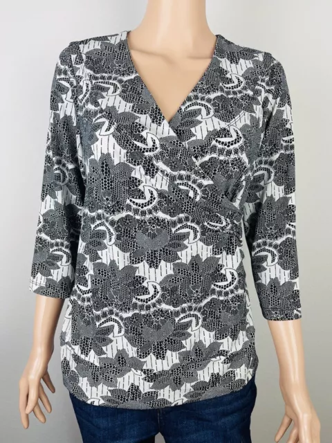 Christopher & Banks Women’s 3/4 Sleeve Black & White Wrap Printed Blouse Medium