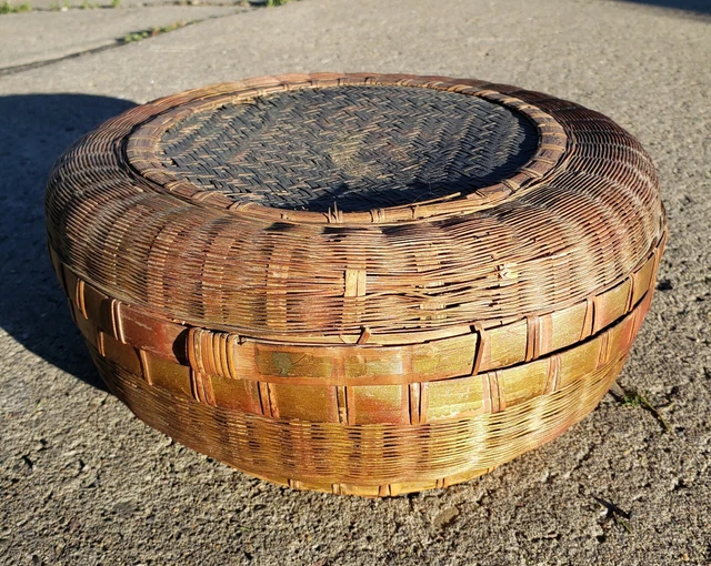 Antique Victorian Woven Wicker Hand Painted Sewing Basket Primitive Folk Art Box