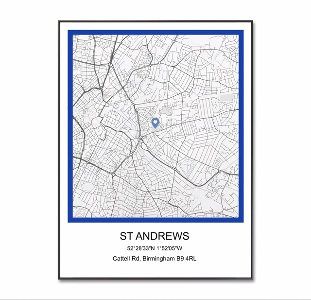 BIRMINGHAM CITY FOOTBALL Poster St Andrews Stadium Location Map A4 BIRMINGHAM CITY FOOTBALL Poster St Andrews Stadium Location Map A4